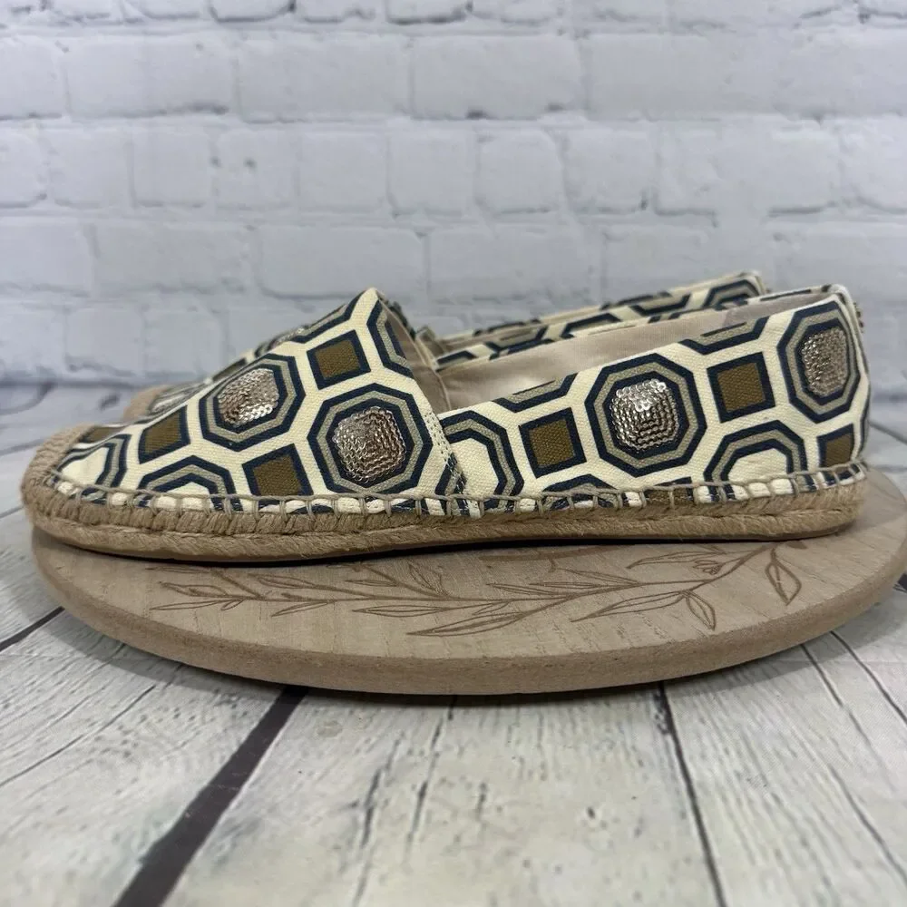 Tory Burch Espadrille Flats Size 11 Blue Gold Geometric Sequin Canvas Slip On